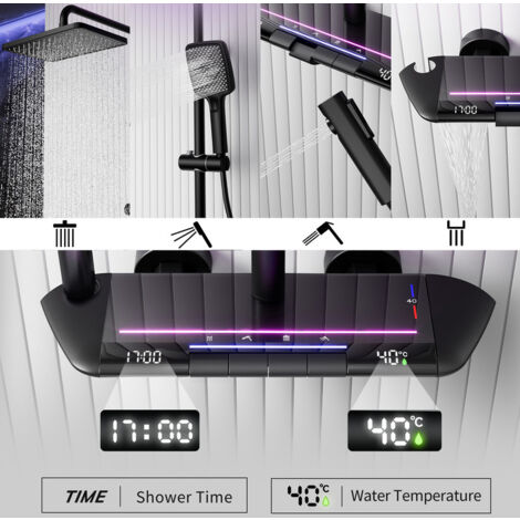 Duschsäulen mit Thermostat, Digitalanzeige Duschsystem mit Thermostat Messing Duschset Wandmontiert Duschsäule Duschgarnitur mit Regendusche, Handbrause, Bidet Sprayer, Schwarz