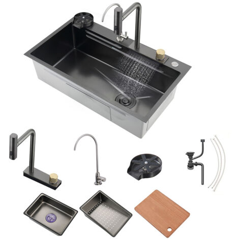 Küchenspüle, 304 Edelstahl Nano Spüle, Spüle Küche 1 Becken, Wasserfall Küche Spüle, mit Ausziehbarer Wasserhahn, Trinkwasserhahn, GlasspüLer Und Schneidbrett(Schwarz, 80×46x22cm) (1/5)