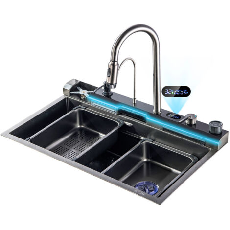 Küchenspüle Pistolengrau , Mit LED-Temperaturanzeige 304 Edelstahl-Wasserfallspüle, Ausziehbarer Wasserhahn mit 3 Funktionen, Einzelbecken-Arbeitsplatz-Küchenspüle mit Komplettes Zubehör (75x46CM)