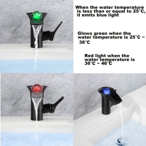 Wasserhahn Bad Wasserfall Messing Waschtischarmatur LED Bad Wasserhahn mit RGB 3 Farbewechsel Waschbecken Armatur Schwarz Einhebelmischer Warm und Kalt Wasser Mischbatterien Bad