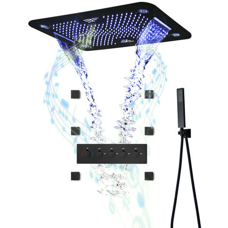 Musik Duschsystem Unterputz, 64 Farben RGB LED Duschset mit 6 pcs 50mm Massage Seite Spray, Deckenmontage Thermostatisch Brausegarnitur Black Regenduschset mit 580380mm 3 Funktionen Duschkopf