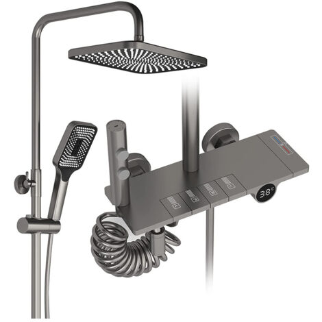 Duschsäule Mit Thermostat – Digital-Duschset Mit Regendusche, Handbrause, Schulterbrause & Bidet (Pistolengrau)