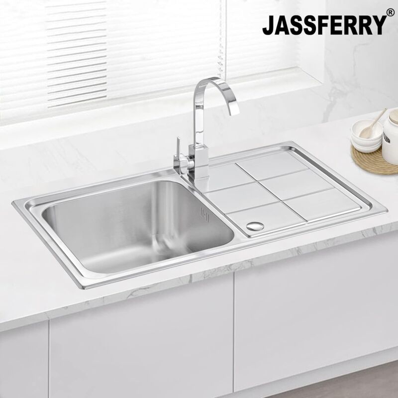 JASSFERRY Stainless Steel Kitchen Sink 860 x 500 mm 1 Square Bowl Reversible Rectangle Drainer with Strainer Waste Rome Design