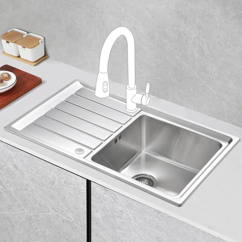 JASSFERRY 86 x 50 cm Stainless Steel Kitchen Sink Single Bowl Inset Reversible Drainer & Strainer Waste Pipes Clips
