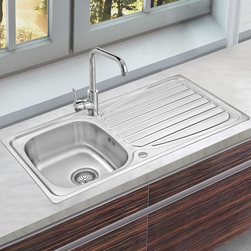 JASSFERRY 950 x 500 mm Kitchen Sink Inset Stainless Steel  1 Bowl Reversible Drainer with Waste Pipes Clips