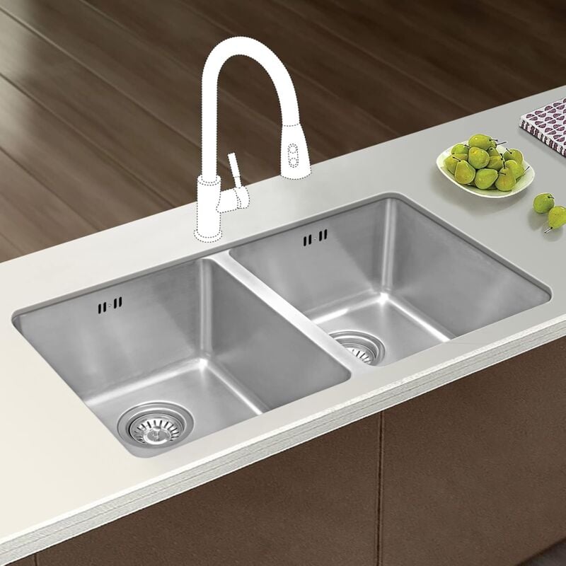 JASSFERRY Undermount Stainless Steel Kitchen Sink Tight Radius Double 2 Bowl with Strainer Waste, 750 X 440 mm