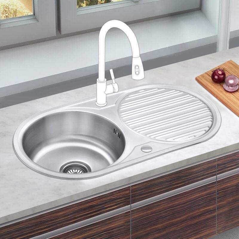 JASSFERRY Stainless Steel Round 1 Bowl Topmount Kitchen Sink Caravan Inset with Reversible Drainboard