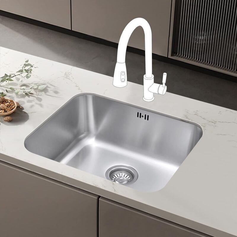 JASSFERRY Undermount Stainless Steel Kitchen Sink 1 Single Bowl with Strainer Waste, 550 x 450 mm