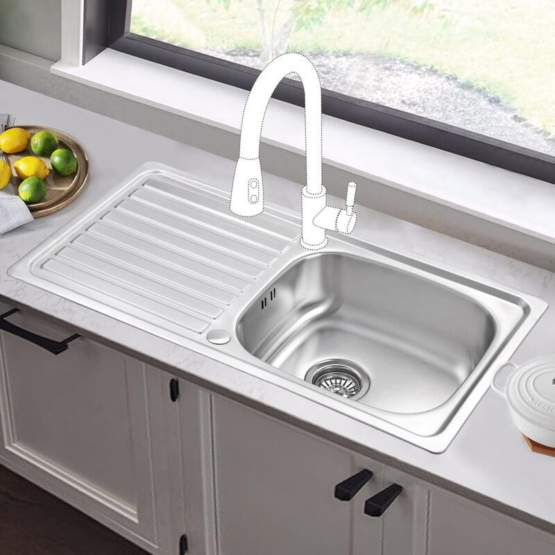 JASSFERRY 860 x 435 mm Stainless Steel Kitchen Sink Single 1 One Bowl Reversible with Waste Pipes Clips