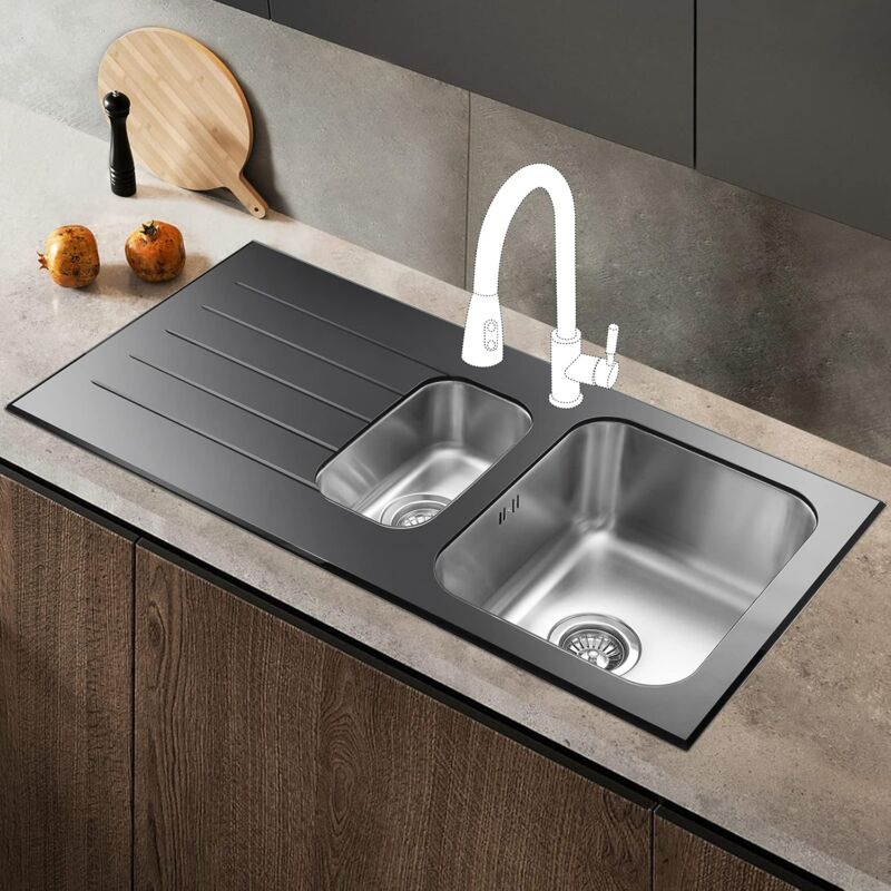 JASSFERRY Glossy Black Glass Top Kitchen Sink Stainless Steel 1.5 One Half Bowl Left Hand Drainer, 1000 X 500 mm