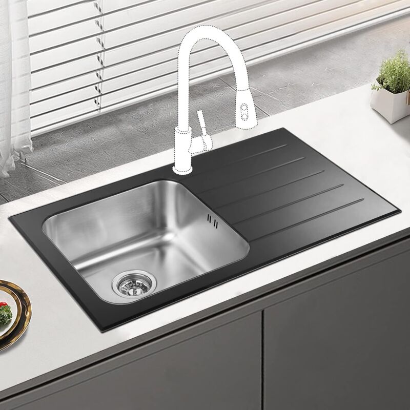 JASSFERRY Brilliant Black Glass Top Kitchen Sink Stainless Steel Single 1 Bowl Right Hand Drainer Glossy Drainboard, 860 x 500 mm