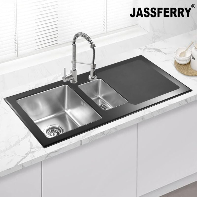 JASSFERRY Black Glass Top Kitchen Sink Stainless Steel 1.5 One Half Deep Bowls Right Hand Drainer & Strainer Waste Pipe Kit, 1000 X 500 mm