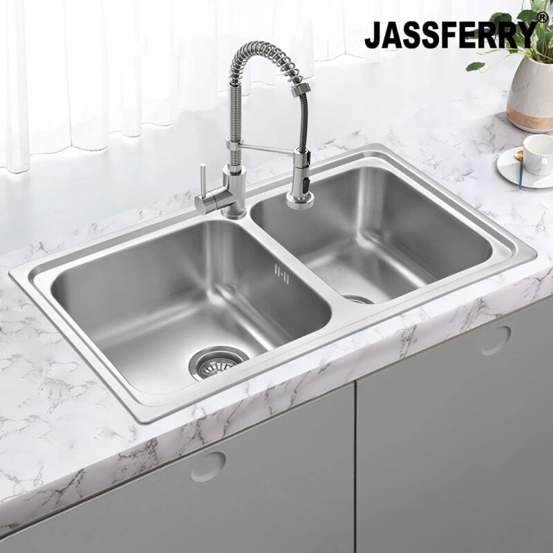 JASSFERRY Brilliant Stainless Steel Kitchen Sink 1.5 Two Square Bowl Rome Design with Strainer Waste, 860 X 500 mm