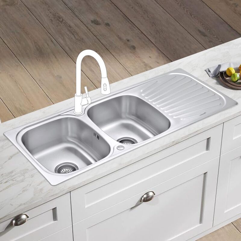 JASSFERRY 1180 x 480 mm Kitchen Sink Stainless Steel Matt Finish Inset 2 Bowls Reversible Drainer with Waste Strainer Pipe Kit