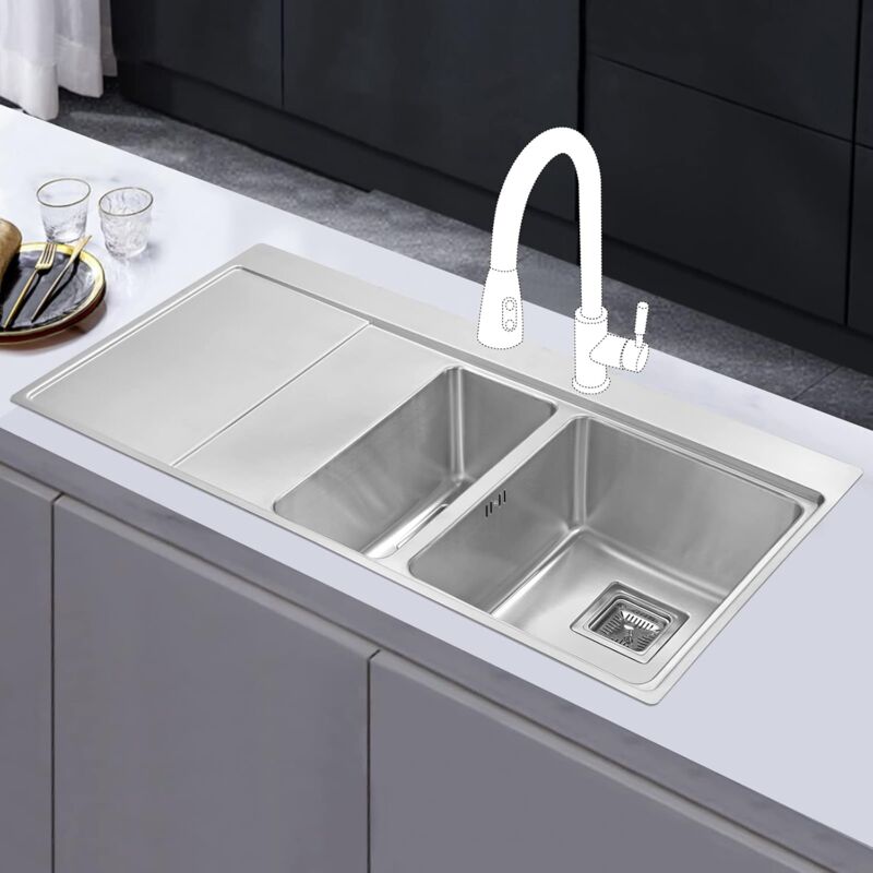JASSFERRY Drop-in Kitchen Sink 1.2 mm Thickness Stainless Steel 1.5 Bowl Lefthand Drainer Square Strainer Plug Waste Pipe