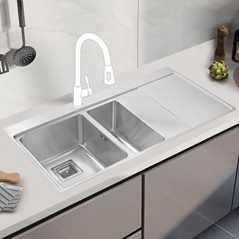 JASSFERRY Kitchen Sink Inset 1.2 mm Thickness Stainless Steel 1.5 Bowl Righthand Drainer Square Strainer Plug Waste Pipe Kit