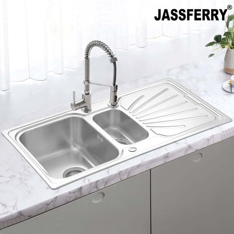 JASSFERRY Stainless Steel Kitchen Sink 1.5 One Half Welding Style Bowl Reversible Drainer with Strainer Waste, 1000 X 500 mm