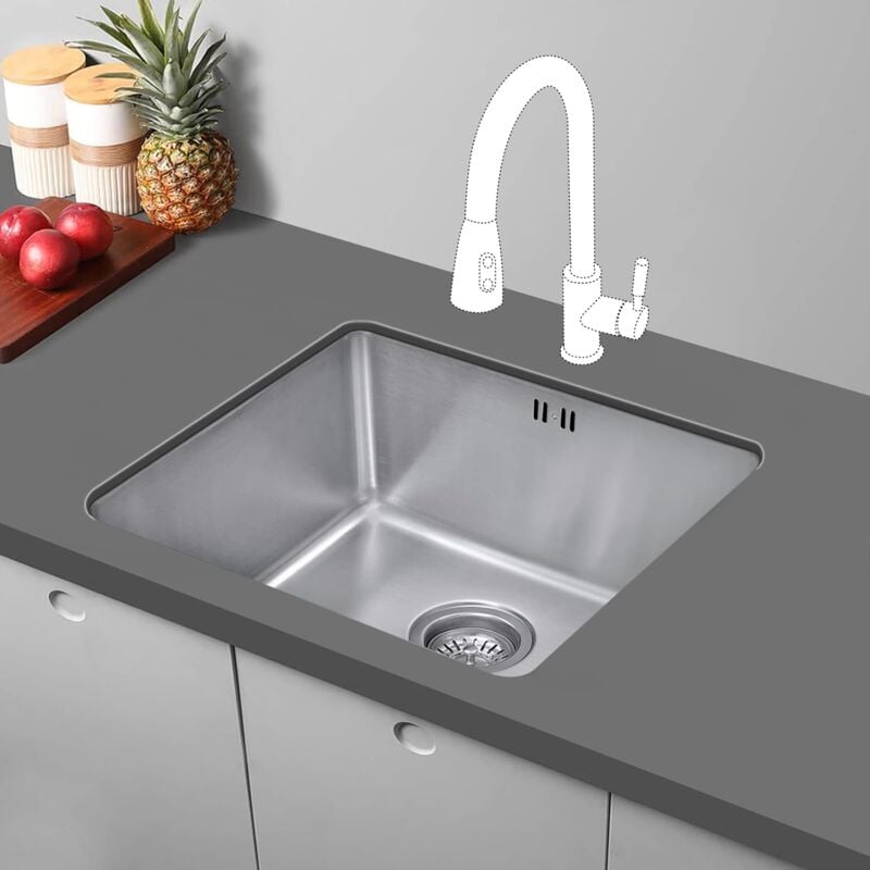 JASSFERRY Undermount Stainless Steel Kitchen Sink 1 Single Deep Square Bowl with Strainer Waste kit, 490 x 440 mm