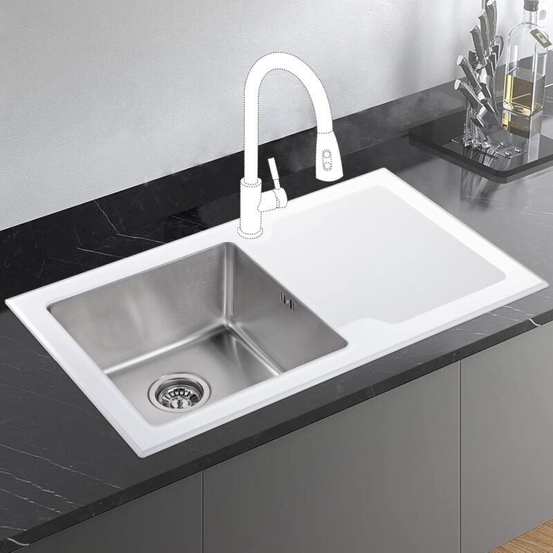 JASSFERRY White Glass Top Kitchen Sink Stainless Steel Single Bowl Righthand Drainer 860 x 500 mm