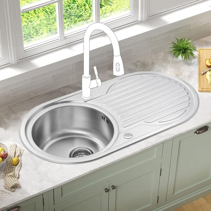 JASSFERRY Round Bowl Kitchen Sink Stainless Steel Single Circle Drainboard Reversible Inset with Strainer Waste