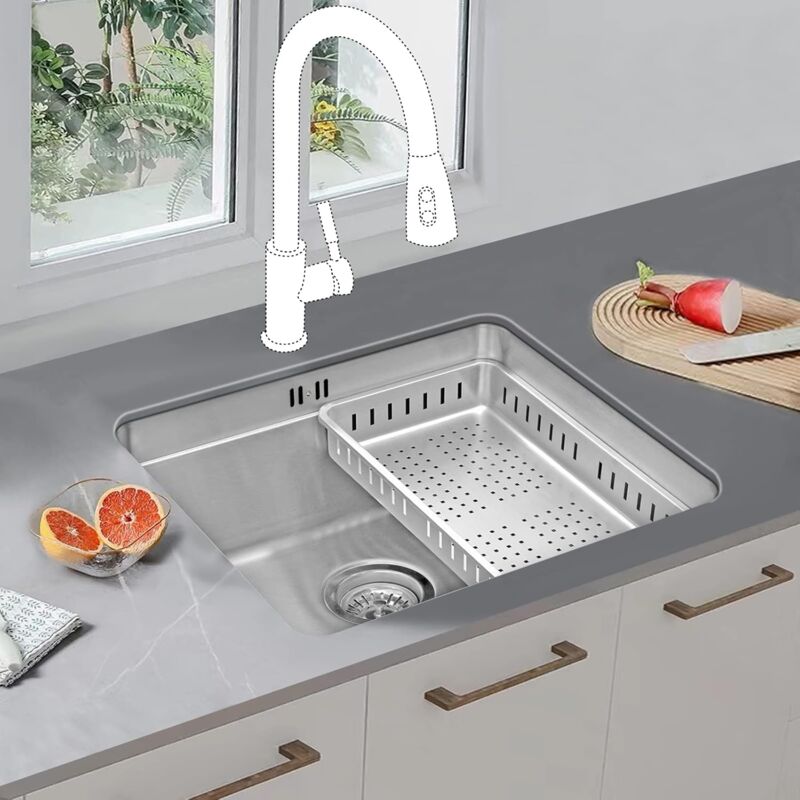 JASSFERRY Undermount Kitchen Sink Single Deep Bowl with Stainless Steel Dish Drainer Rack with Strainer Waste, 490 x 440 mm