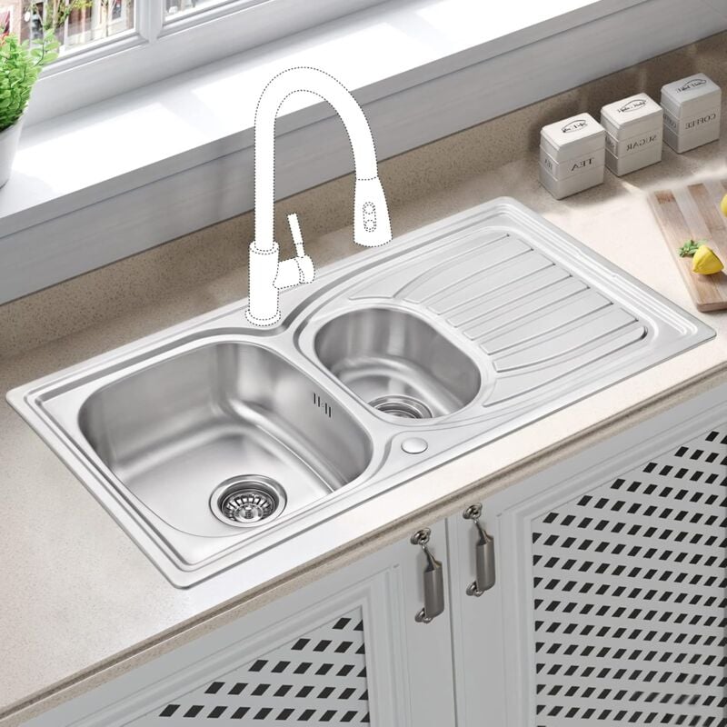 JASSFERRY Stainless Steel Kitchen Sink Inset 1.5 One Half Bowl Reversible Drainer with Waste Pipes Clips, 980 x 510 mm