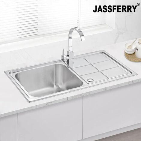 JASSFERRY Stainless Steel Kitchen Sink 860 x 500 mm 1 Square Bowl Reversible Rectangle Drainer with Strainer Waste Rome Design