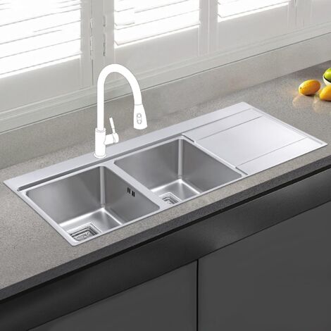 JASSFERRY Stainless Steel Kitchen Sink 1160 x 520mm, 2 Bowls Sinks with Right Hand Drainer