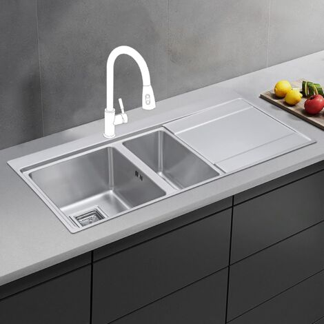 JASSFERRY Stainless Steel Kitchen Sink 1000 x 520mm, 1.5 Bowl Sinks with Right Hand Drainer