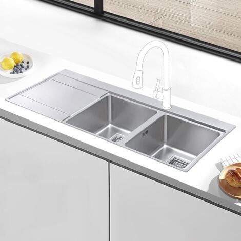 JASSFERRY Stainless Steel Kitchen Sink 1160 x 520mm, 2 Bowls Sinks with Left Hand Drainer
