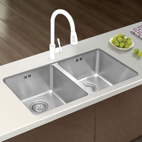 JASSFERRY Undermount Stainless Steel Kitchen Sink Tight Radius Double 2 Bowl with Strainer Waste, 750 X 440 mm