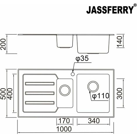 JASSFERRY Black Glass Top Kitchen Sink Stainless Steel 1.5 One Half Deep Bowls Left Hand Drainer with Draining Groove, 1000 X 500 mm