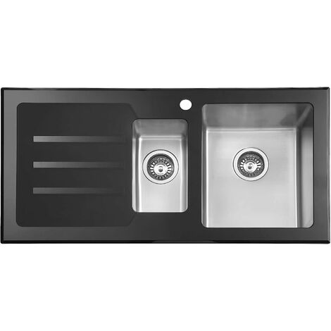 JASSFERRY Black Glass Top Kitchen Sink Stainless Steel 1.5 One Half Deep Bowls Left Hand Drainer with Draining Groove, 1000 X 500 mm