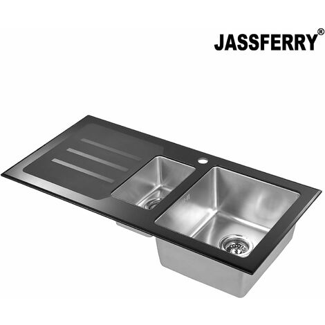 JASSFERRY Black Glass Top Kitchen Sink Stainless Steel 1.5 One Half Deep Bowls Left Hand Drainer with Draining Groove, 1000 X 500 mm