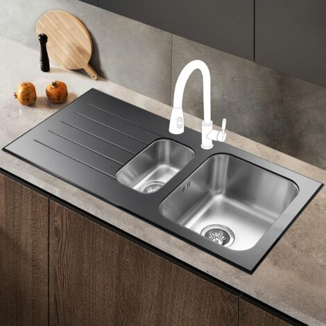 JASSFERRY Glossy Black Glass Top Kitchen Sink Stainless Steel 1.5 One Half Bowl Left Hand Drainer, 1000 X 500 mm