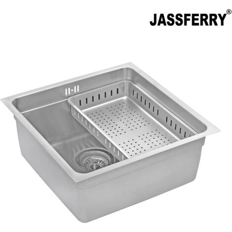 JASSFERRY 440 x 440 mm Undermount Kitchen Sink Single Deep Bowl with Stainless Steel Dish Drainer Rack with Strainer Waste