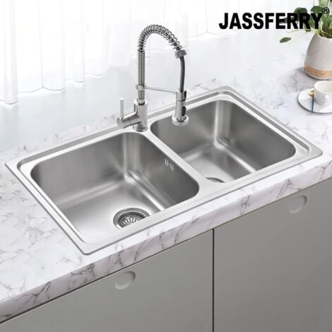 JASSFERRY Brilliant Stainless Steel Kitchen Sink 1.5 Two Square Bowl Rome Design with Strainer Waste, 860 X 500 mm