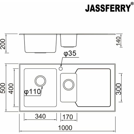 JASSFERRY Brilliant White Glass Kitchen Sink Stainless Steel 1.5 One Half Bowl Right Hand Drainer with Strainer Waste, 1000 X 500 mm