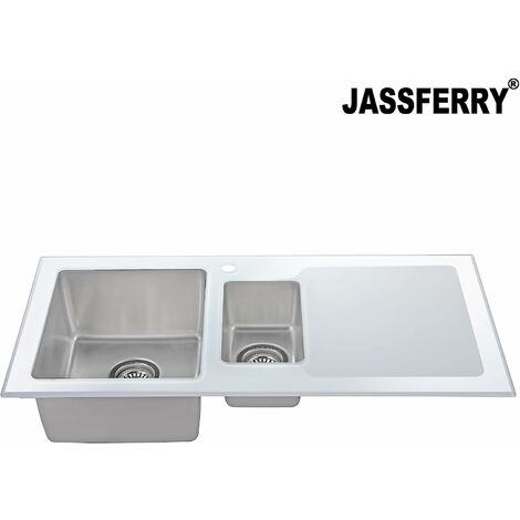 JASSFERRY Brilliant White Glass Kitchen Sink Stainless Steel 1.5 One Half Bowl Right Hand Drainer with Strainer Waste, 1000 X 500 mm