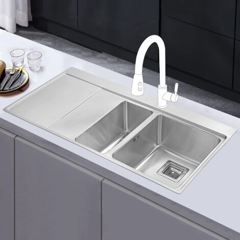 JASSFERRY Drop-in Kitchen Sink 1.2 mm Thickness Stainless Steel 1.5 Bowl Lefthand Drainer Square Strainer Plug Waste Pipe