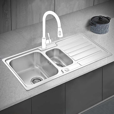 JASSFERRY Brilliant Stainless Steel Kitchen Sink 1.5 Square Bowl Rome Style Reversible Drainer with Strainer Waste 970 x 500 mm