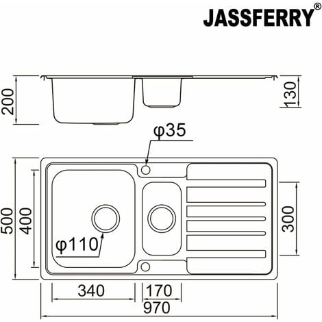 JASSFERRY Brilliant Stainless Steel Kitchen Sink 1.5 Square Bowl Rome Style Reversible Drainer with Strainer Waste 970 x 500 mm