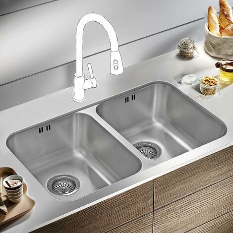 JASSFERRY Undermount Square Stainless Steel Kitchen Sink 2 Double Bowl with Waste Pipes, 750 X 440 mm