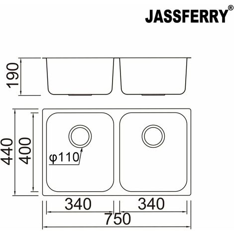 JASSFERRY Undermount Square Stainless Steel Kitchen Sink 2 Double Bowl with Waste Pipes, 750 X 440 mm