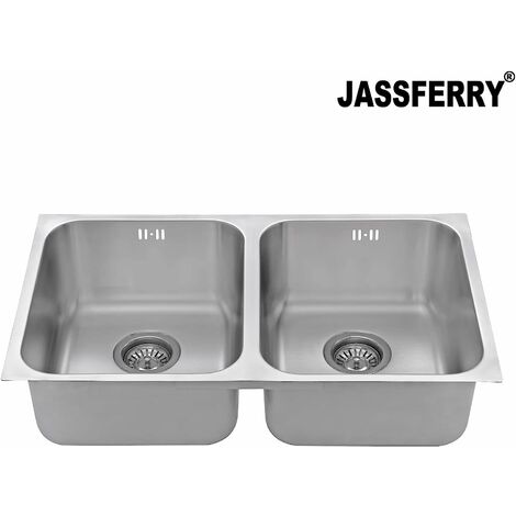 JASSFERRY Undermount Square Stainless Steel Kitchen Sink 2 Double Bowl with Waste Pipes, 750 X 440 mm
