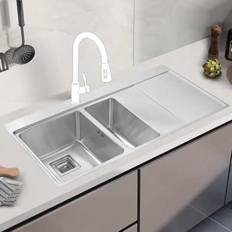JASSFERRY Kitchen Sink Inset 1.2 mm Thickness Stainless Steel 1.5 Bowl Righthand Drainer Square Strainer Plug Waste Pipe Kit