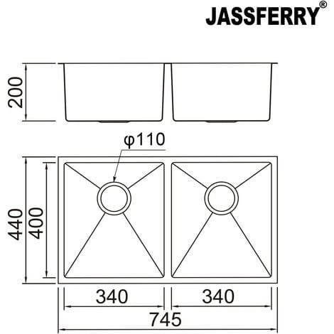 JASSFERRY Kitchen Sink Undermount  1.2mm Thickness Square Stainless Steel  2 Bowl with Waste Pipes, 745 X 440 mm