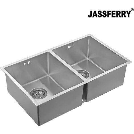 JASSFERRY Kitchen Sink Undermount  1.2mm Thickness Square Stainless Steel  2 Bowl with Waste Pipes, 745 X 440 mm