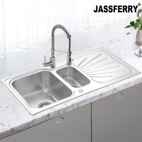 JASSFERRY Stainless Steel Kitchen Sink 1.5 One Half Welding Style Bowl Reversible Drainer with Strainer Waste, 1000 X 500 mm