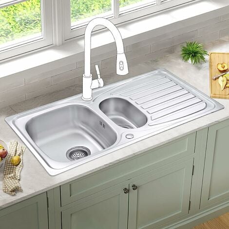 JASSFERRY 950 x 500 mm Stainless Steel Kitchen Sink Inset 1.5 Bowl Reversible Drainer with Waste Pipes Clips